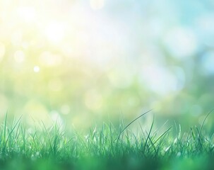 Obraz premium Beautiful spring background with blurred sun rays and on the green meadow, blue sky with clouds. 