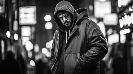Fototapeta premium Black and white photo of a crime suspect in the city, captured with a long exposure technique at night, highlights urban life and security themes, with ample copy space available.