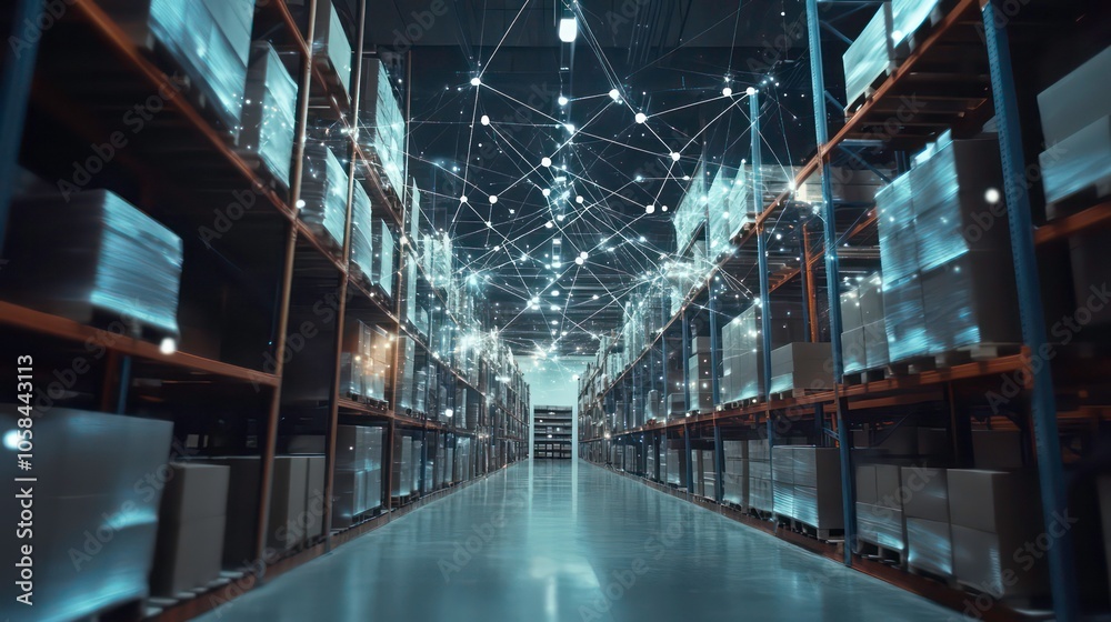 Aufkleber In a logistics center, supply chain network diagram is projected holographically with dynamic and dramatic compositions, including stock copy