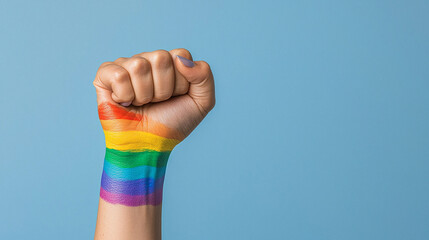 Woman’s raised fist, LGBTQIA+ freedom celebration