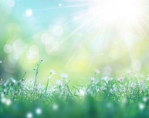 Obraz premium Beautiful spring background with blurred sun rays and on the green meadow, blue sky with clouds. 