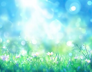 Fototapeta premium Beautiful spring background with blurred sun rays and on the green meadow, blue sky with clouds. 