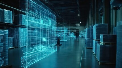 In a logistics center, supply chain network diagram is projected holographically with dynamic and dramatic compositions, including stock copy