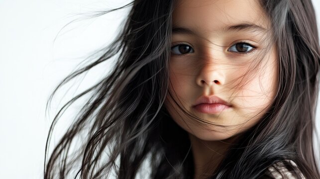 Portrait of a girl with long, unbrushed dark hair gazing ahead against a clean white background. The girls expression and hair create a captivating focal point with ample copy space.