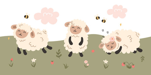 cute sheep set. vector illustration of sheep on the meadow. farm animals  © Allakulyevva