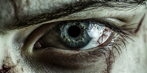 A close up view of a black eye featuring bruises and nearby scratches illustrates themes of violence and abuse, emphasizing the impact of physical harm and suffering.