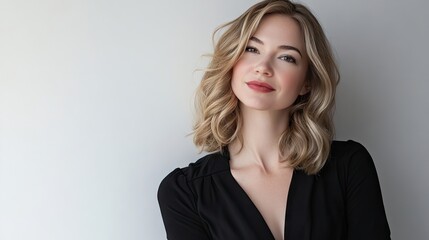 Fototapeta premium Woman with shoulder-length blonde hair adjusts her black strap blouse, emphasizing her style. The image captures her confidence and elegance, with ample copy space for design needs.