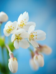 A close-up of delicate white flowers against a soft blue background.