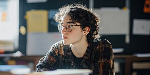 Portrait of a non binary student captured in a classroom environment. This setting highlights the identity and presence of a non binary individual engaging in their studies.