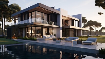 Obraz premium Modern architectural design of a luxurious villa with a pool during sunset in a serene setting
