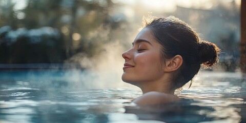 A young woman is savoring a hot spring bath during a winter morning at an onsen resort, unwinding in the thermal mineral water pool of the outdoor spa complex while enjoying her winter getaway.