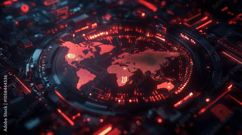 Poster A futuristic world map design with glowing elements, emphasizing technology and connectivity.