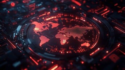 A futuristic world map design with glowing elements, emphasizing technology and connectivity.