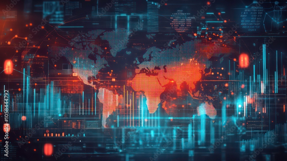 Aufkleber In the center of the composition is a world map, surrounded by abstract global data stats on a dark technological background. 3D rendering