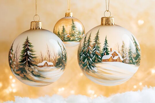 Vintage Christmas Baubles with Hand-Painted Winter Scenes
