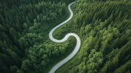 A winding road through a forest with trees on both sides