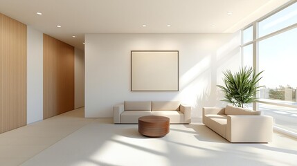 Fototapeta premium Modern lobby seating area with plush sofas, coffee tables, and stylish art on the walls bright natural light and a spacious layout for a welcoming first impression