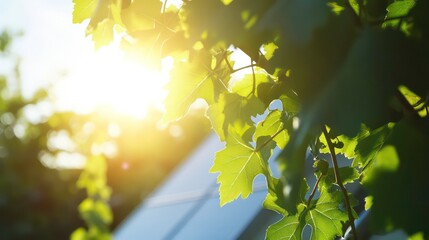 Obraz premium In the sun, solar panels on the roof of a building are visible through grape leaves. This image is for alternative energy design. Selective focus