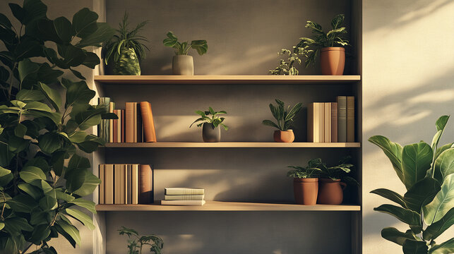 a contemporary style bookshelf adorned with plants that serves as a modern decorative element for virtual office backdrops studio backgrounds or can be printed in a large format to enhance a back. AI 