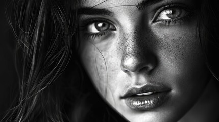 Fototapeta premium Close-up black and white portrait of a young woman, capturing her expression and beauty. This black and white portrait highlights intricate details, creating a striking image with copy space.