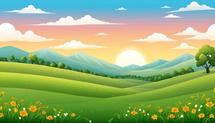 Fototapeta premium Sky or Green natural enverionment fild Landscapes cartoon art background image 