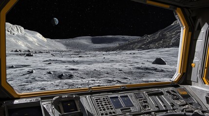 A cockpit view from a lunar rover, showing control panels and a barren, rocky moon landscape, capturing the isolation and vastness of lunar exploration.

