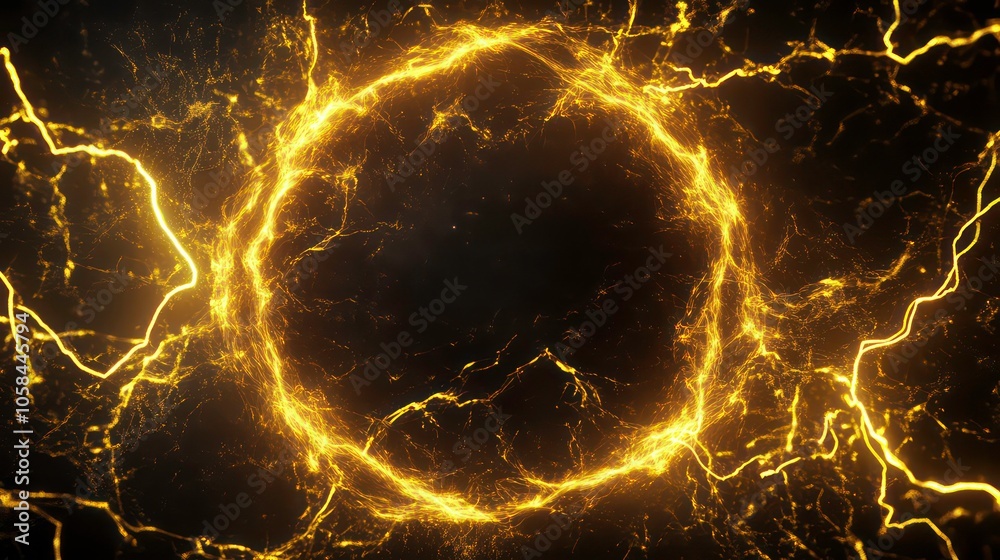 Poster a glowing circular design with electric arcs and a dark background, suggesting energy or power.