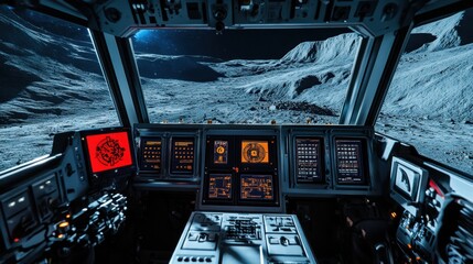 A cockpit view from a lunar rover, showing control panels and a barren, rocky moon landscape, capturing the isolation and vastness of lunar exploration.
