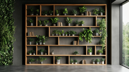 a contemporary style bookshelf adorned with plants that serves as a modern decorative element for virtual office backdrops studio backgrounds or can be printed in a large format to enhance a back. AI 