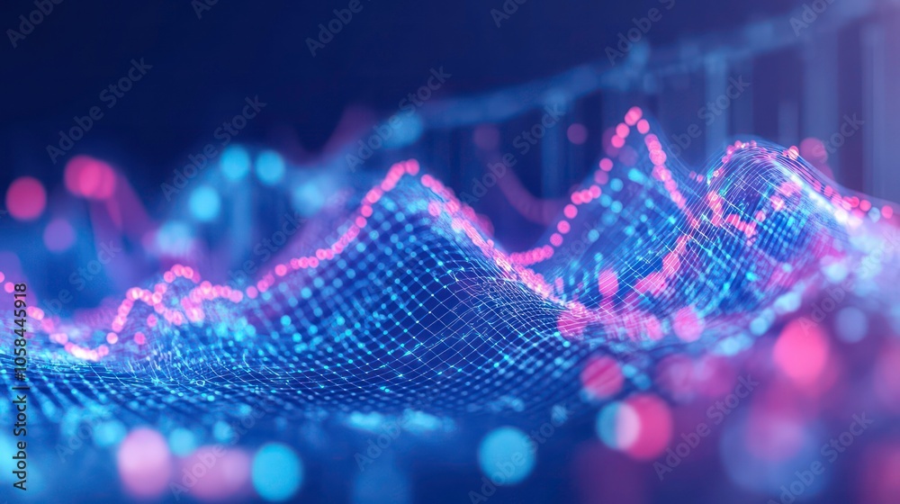 Poster Abstract visualization of data waves with glowing points and a futuristic aesthetic.