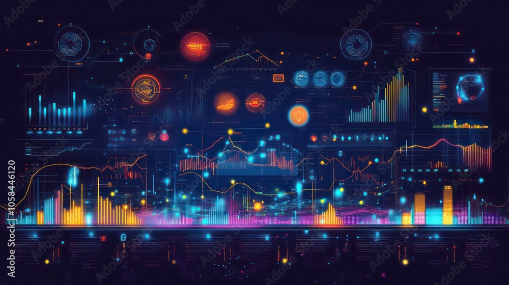 Poster A complex data visualization featuring graphs, charts, and metrics for analytical purposes.