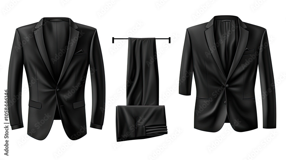 Poster set of black suits displayed on a transparent background generative ai