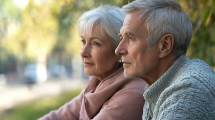 Elderly couple sitting together, their reflective expressions capturing a moment of deep thought and connection. The image emphasizes the bond between the elderly couple with ample copy space.