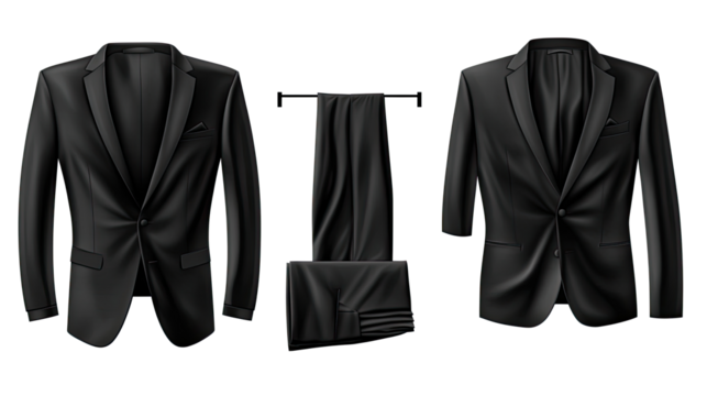 Set of Black Suits Displayed on a Transparent Background Generative AI