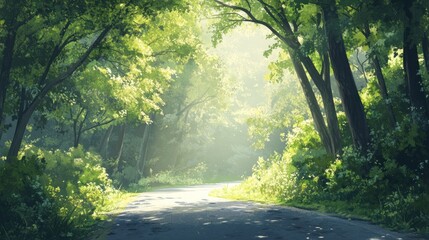 Obraz premium A winding road leads through a lush green forest, with sunlight streaming through the trees.