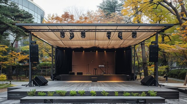 An outdoor stage with a wooden deck, black curtains, and a white canopy, lit by spotlights, is ready for a performance.