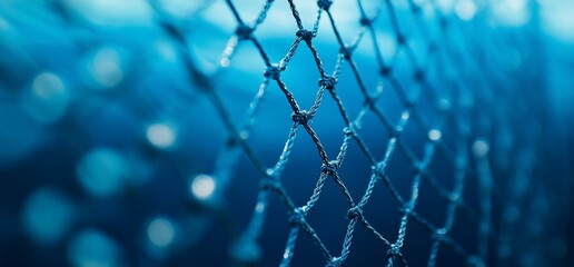 Close-up of a blue fishing net with blurry background.