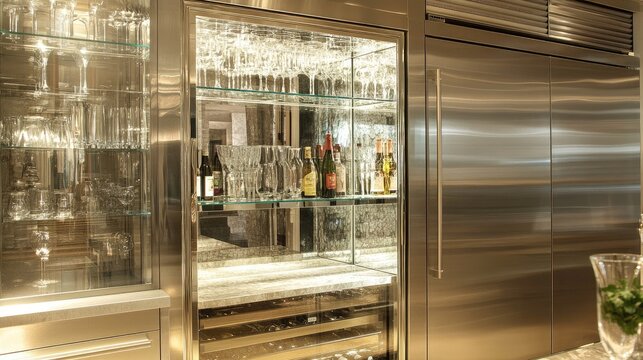 A water cabinet in a contemporary kitchen, reflective glass doors and polished interior.