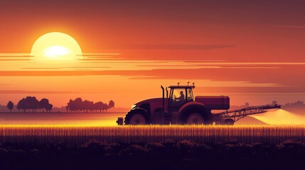 Fototapeta premium A silhouette of a tractor spraying crops at sunset, highlighting agricultural practices.