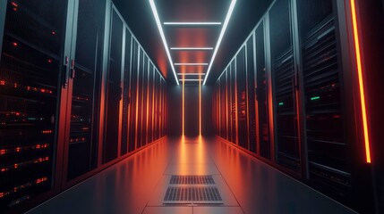 IT working server room with rows of supercomputers. 3D concept illustration of information technology, cyber network, hosting, data backup, render farm, cloud storage