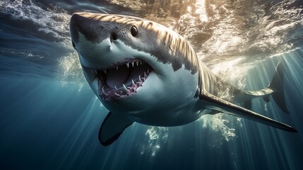Naklejka premium A great white shark swims gracefully through sunlit waters near a vibrant marine environment