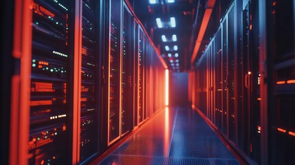 IT working server room with rows of supercomputers. 3D concept illustration of information technology, cyber network, hosting, data backup, render farm, cloud storage