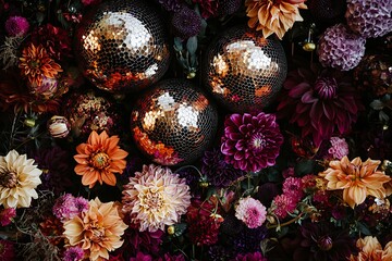 A vibrant flat lay of shiny disco balls accompanied by dark burgundy, purple, and orange dahlias, evoking autumn vibes.