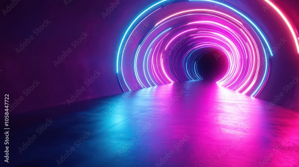 Poster it's a futuristic concept for time travel: a glowing neon portal into a different world, like a port