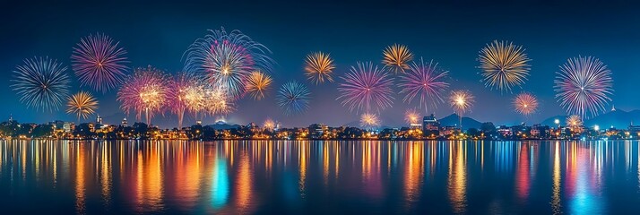 Obraz premium Cityscape Fireworks Reflection Photo