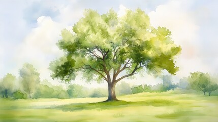 Fototapeta premium A large tree stands in a field of green grass