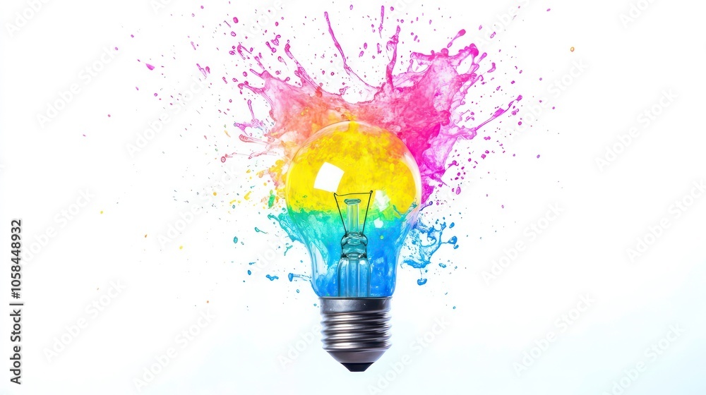 Poster a light bulb surrounded by vibrant splashes of color, symbolizing creativity and ideas.