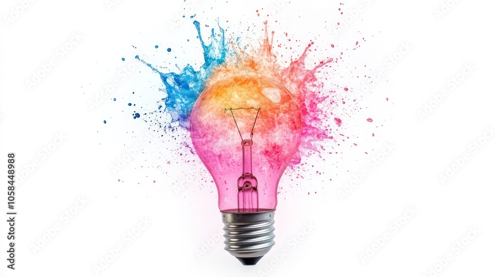 Poster a colorful light bulb filled with vibrant splashes, symbolizing creativity and innovation.