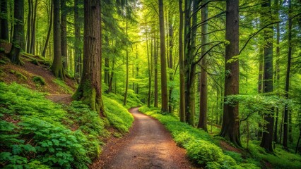 Hiking trail winding through a dense forest with trees and foliage, backpacking, outdoor recreation