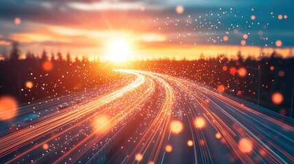 Obraz premium Scenic road at sunset with vibrant lighting and blurred motion effects.